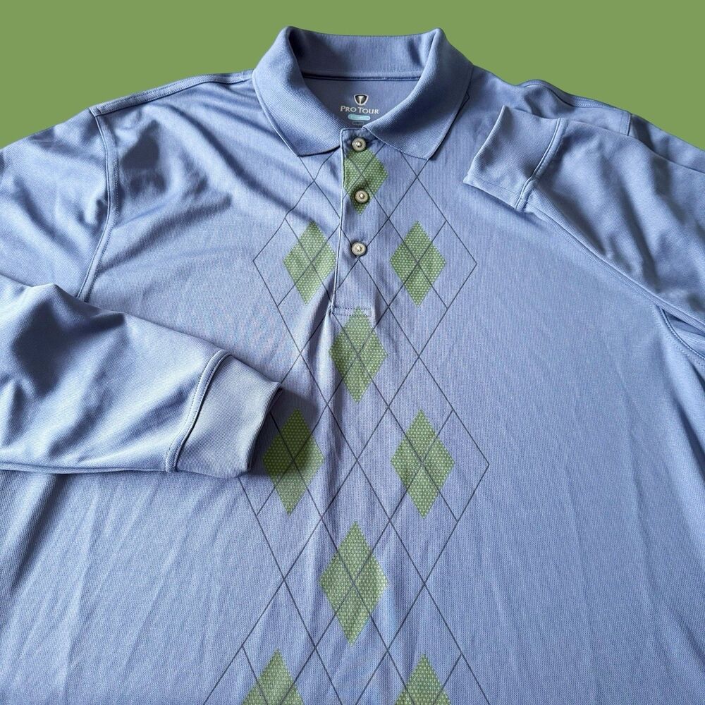 Pro Tour Coolplay Argyle Long Sleeve Polo Golf Shirt Men's L Large Blue Green